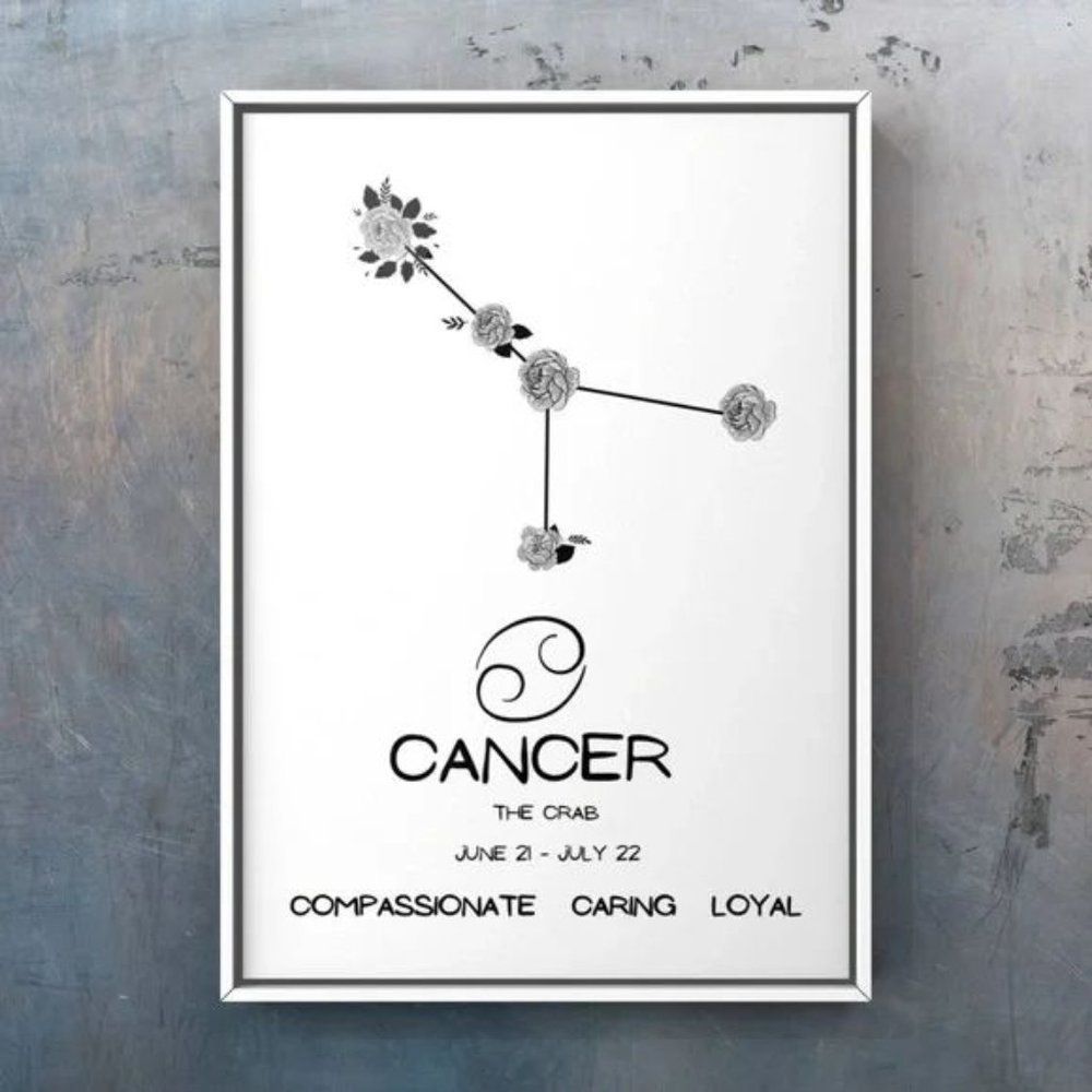 Cancer zodiac sign constellation art print black and white floral design